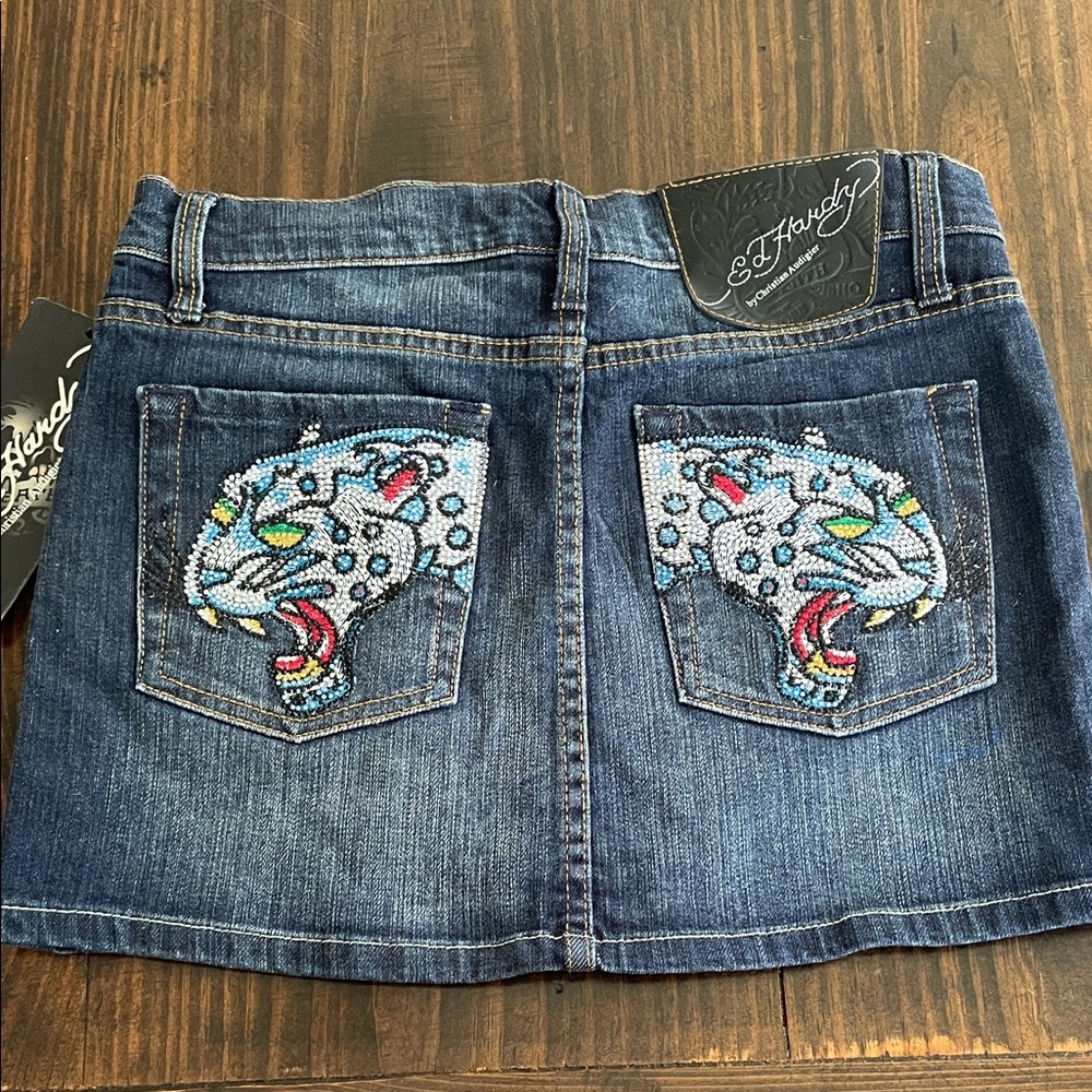 Y2K vintage Ed Hardy Blue Denim minSkirt with Colorful Leopard Rhinestone pocket